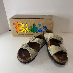 Birkis Birkenstock Womens Michele Slide Sandals Blue Flower Garden Sz 10 w/Box